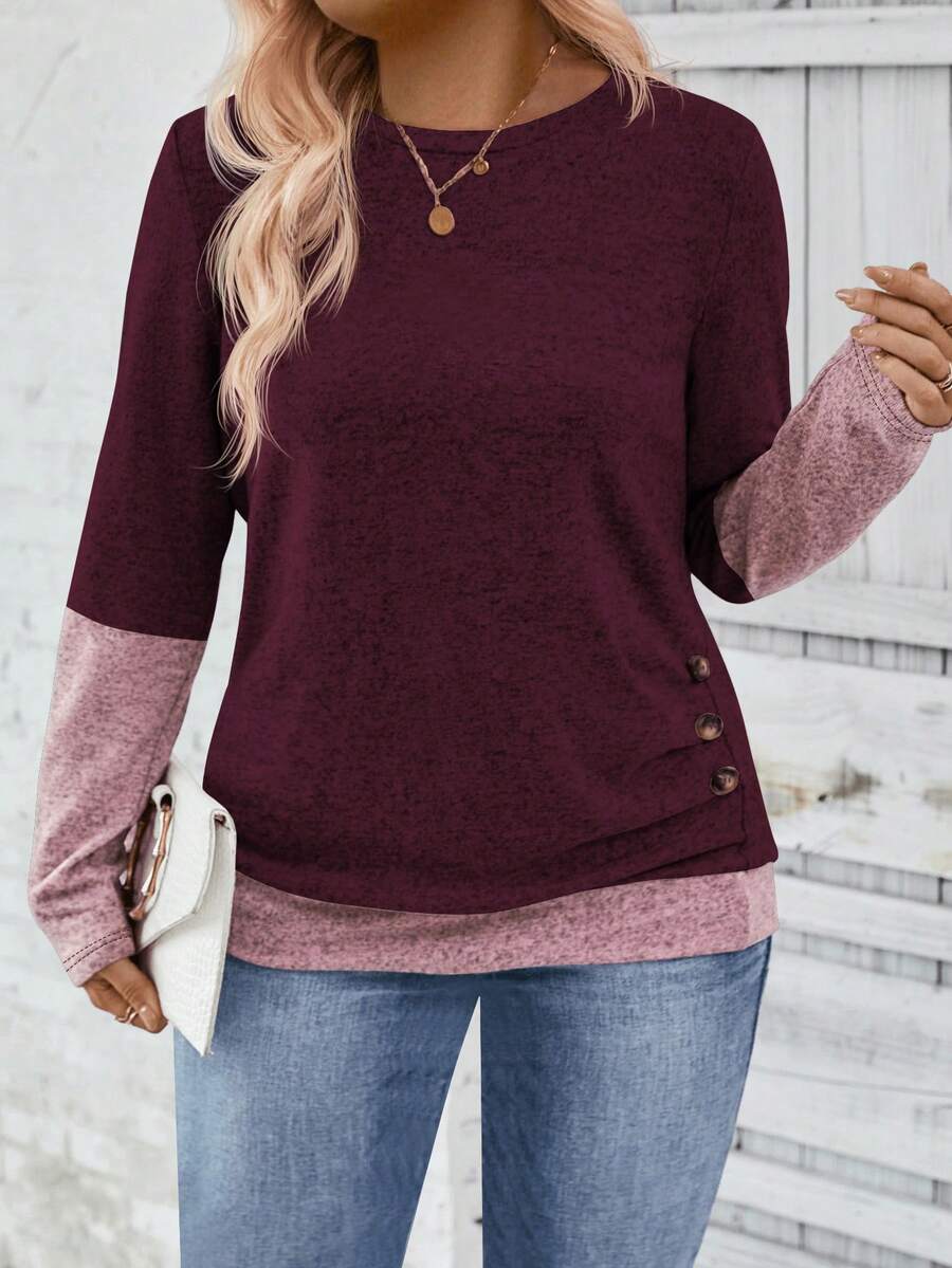 EMERY ROSE 女式休闲圆领长袖侧褶大纽扣装饰设计加大码 T 恤，秋冬 - 中紫紅色 - 查看 1