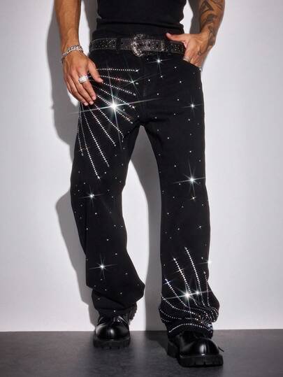 Street Life Jeans évasés mode de rue pour hommes, ornés de strass, style grunge