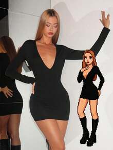 EgrlEra 女式时尚性感纯色深V紧身迷你连衣裙 - 黑色 - 查看 4