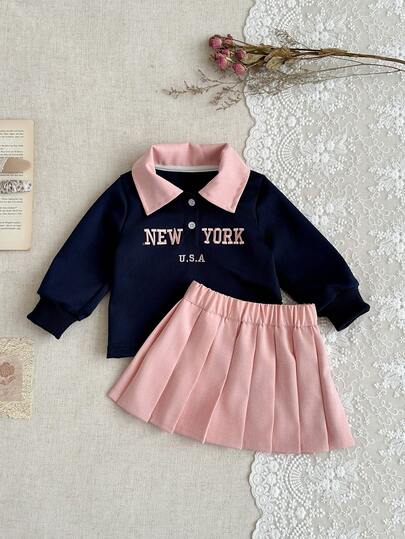 SHEIN 女婴四季休闲运动字母刺绣马球领长袖运动衫和百褶裙套装