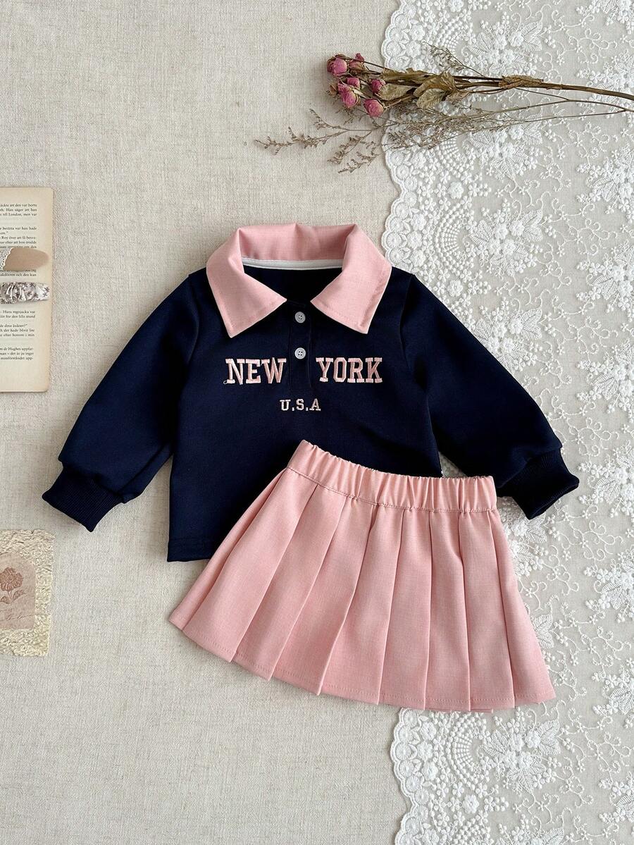 SHEIN 女婴四季休闲运动字母刺绣马球领长袖运动衫和百褶裙套装 - 藏蓝色 - 查看 1