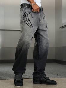 Manfinity ZONE917 Jeans casual da uomo con vestibilità ampia e stampa a teschio sulla mano, jeans neri e grigi sfumati, jeans da uomo bicolore