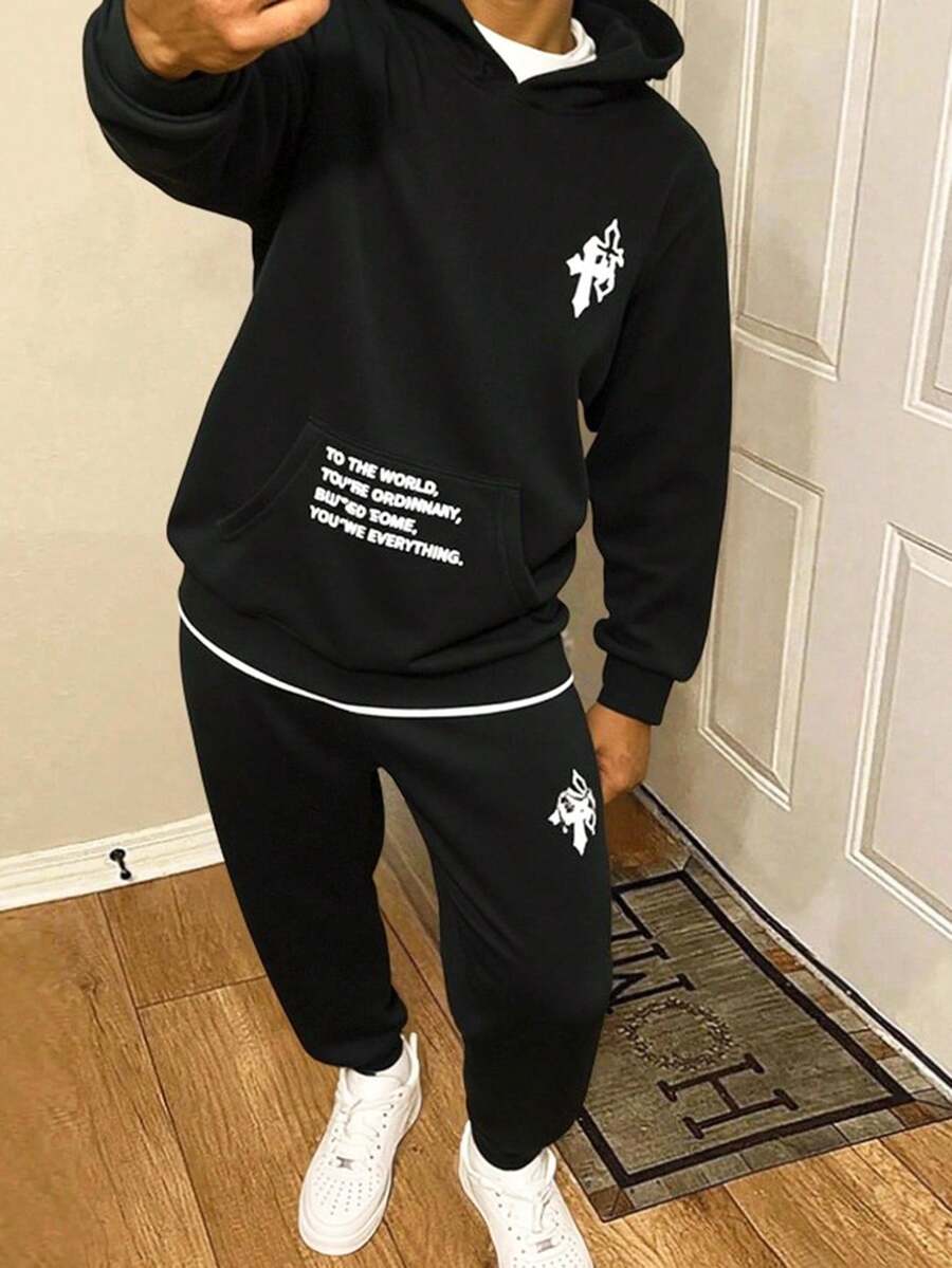 2件套青少年男童休闲舒适百搭印花连帽运动衫和运动裤套装 - 黑色 - 查看 1