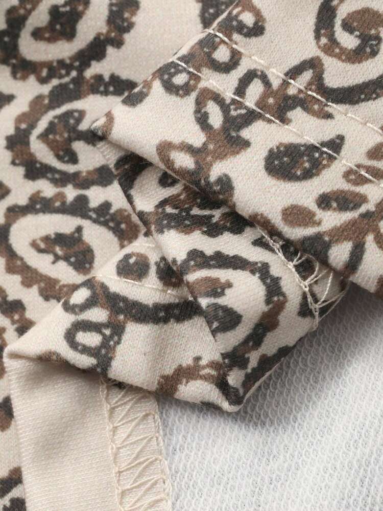 Women's Solid Color Top & Patterned Allover Print Pajama Pants Set, Autumn/Winter