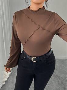 Modelyn 女士喇叭长袖修身高弹荷叶边简约时尚大码T恤 - 棕色 - 查看 5