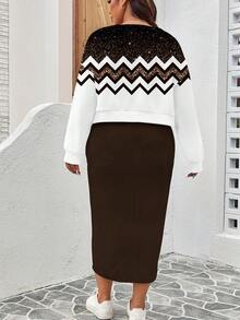 EMERY ROSE Minimalist Fair Isle Print Plus Size Women Casual Sweatshirt Dress 2 Pieces Set, Suitable For Party Plus Size /,Flower/Spring/Summer/Vacation - Multicolor - View 2