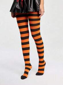 ROMWE Grunge Punk 1 chiếc tất/quần tất/legging gợi cảm bất đối xứng dành cho nữ - Sọc màu cam đen - Xem 3