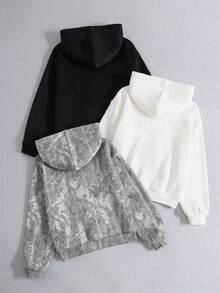SHEIN 3pcs/Set Tween Girl Loose Casual Grey & Black Leaf Print Soft Comfortable Sweatshirt Set Fall Winter - Multicolor - View 3