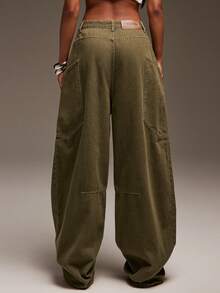 Denimoi Barrel Wide Leg Oversized Back Pockets Baggy Denim Jeans - Olive Green - View 2