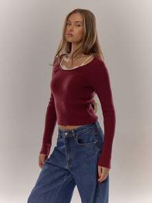 MUSERA Ribbed Knit Layered Lace Trim Long Sleeve Sweater Top Winter Cute Casual Cosy Winter - Burgundy - View 4