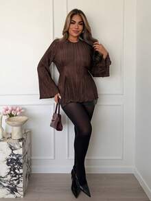 Xyvia Women's Pleated Waist Elegant Commute & Date Shirt, Autumn - Brown - View 3