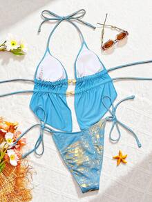 Swim SXY-D Metallic Spaghetti Strap Backless Tie Front Bikini Set, Sexy & Cute Women Beach Swimsuit - Multicolor - View 2