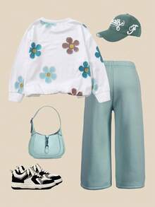 SHEIN Explorewe 2pcs Young Girls Cute Colorful Floral Print Ribbed Cuff & Hem Casual Long Sleeve Sweatshirt, Paired With Green Thermal Lined Pants With Center Stripe Design, Whole Set Versatile Casual Style, Soft & Comfortable Fabric, Suitable For Outings, Streetwear, Christmas Girls Pants And Top Flower Set Summer Outfit Kids Toddler Co Ord Young Girl Outfit Set Flare Pants Set Kids - Multicolor - View 2