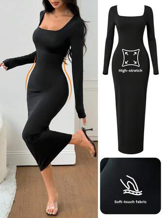 SHEIN PETITE Women's Fall/Winter Basic Knit Grey Fitted Square Neck Long Sleeve Dress Women Long Sleeve Dress High Stretch Dress Long Bodycon Dress Long Tight Dress Slim Dress