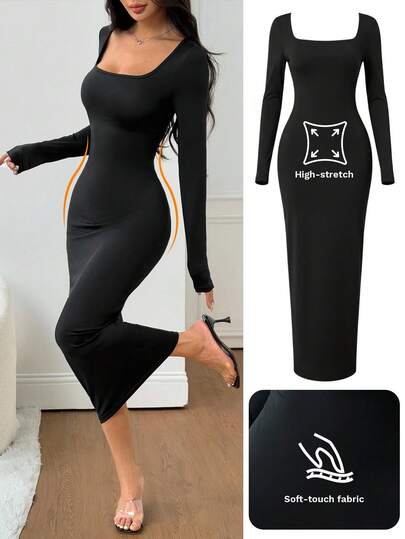 SHEIN PETITE 女士秋冬基础款针织灰色修身方领长袖连衣裙 女士长袖连衣裙 高弹力连衣裙 长款紧身连衣裙 长款修身连衣裙