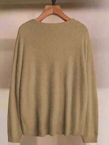 SHEIN LUNE Plus Size Solid Color V-Neck Casual Pullover Long Sleeve Sweater - Camel - View 2