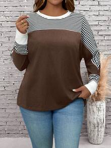 EMERY ROSE T-shirt à manches longues ample en patchwork rayé, automne, grande taille - Marron - Voir 7