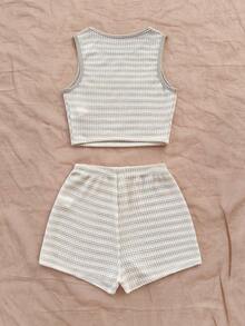 Soleia 2pcs/Set Women's Red & White Knitted Textured Bandeau Crop Top With Bowknot And Elastic Waist Shorts For Vacation - Multicolor - View 2