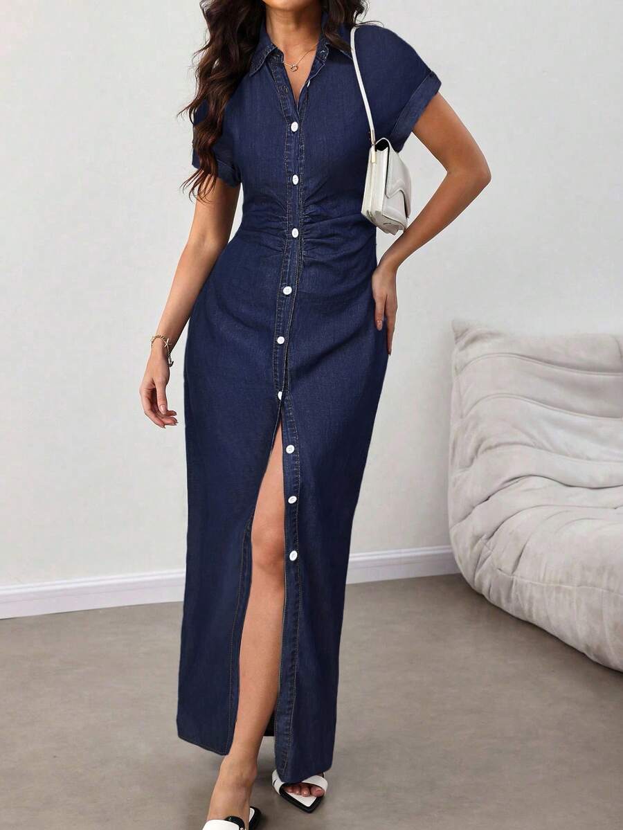 SHEIN Lady Women's Solid Color Short Sleeve Single-Breasted Shirt Style Denim Dress Long Dress With Slit Button Dress Blue Jean Dress Women Split Dress Denim Maxi Dress - Dark Wash - View 1