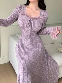 Feyla 女式纯色人造毛皮拼布罗纹长袖连衣裙 - 淡紫色 - 查看 4