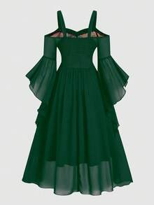 Sweetra Printed Patchwork Bustier Tie Strap Flare Sleeve Plus Size Dress - Dark Green - View 2