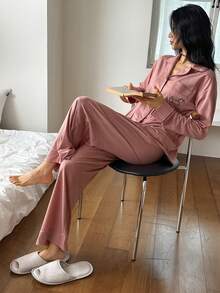 DAZY Conjunto de pijama feminino com estampa de dachshund, blusa de manga comprida com botões e calça, ideal para outono e inverno. - Rosa - Ver 4