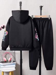 Tween Girls' Casual Lucky Gamer Girl 3D Digital Print Hoodie, Sporty Style, Comfortable Sweatshirt Set For Autumn/Winter - Black - View 2