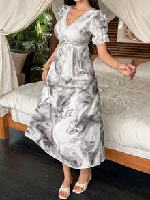 DAZY Chinese Style Tie Dye Print Lace Patchwork Waist Cinched Long Women Nightgown - White - View 5