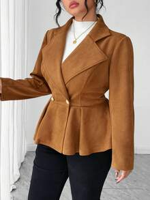 Elenzga Plus Size Women Elegant Lapel Waist Flared Solid Color Faux Suede Autumn/Winter Blazer - Brown - View 4