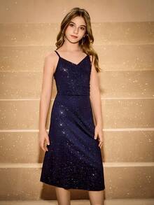 Girls' Elegant Spaghetti Strap Ruched Slit Halloween Christmas Party Dress, Fitted & Snug Fit - Blue - View 3