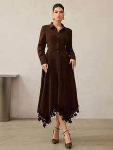 Modelyn 1 st elegant damklänning med enkelknäppt krage, långa ärmar, asymmetrisk fåll, lapptäcksdesign - Brun - Visa 6