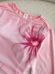 少女粉色针织部分花卉印花褶饰休闲可爱度假长袖上衣，适合返校、春夏秋装、午餐、秋冬分层穿着、中国新年 - 粉色 - 查看 4