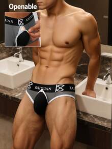 WENEZON Men's Naughty Dark Grey Knitted Fabric Letter Pattern Briefs With Tape Details