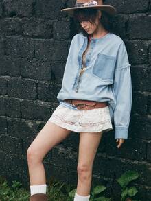 Bohemela 休闲梭织牛仔条纹拼接宽松女式衬衫 - 藍色 - 查看 6