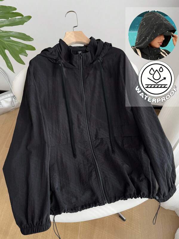 Comfortcana Plus Size Outdoor Windbreaker Jacket, Water-Resistant, Autumn Black Hooded Jacket Black Jacket Zip Up Jacket/Winter