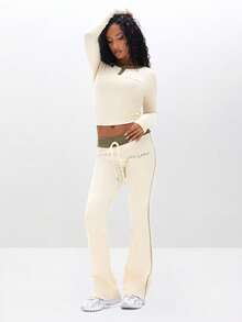 BABYPHAT Quần legging cạp cao dệt kim gân có cạp chun tương phản dành cho nữ, quần thoải mái thường ngày - Màu be - Xem 5
