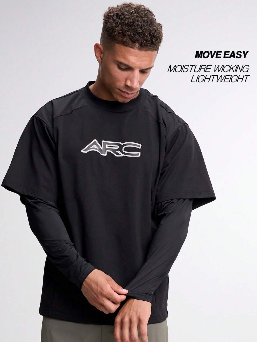 Camiseta casual de manga raglán de corte holgado para hombre 2 en 1 - Negro - Ver 1
