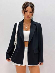Lunelith SHEIN Lunessa Blazer de manga larga con solapa minimalista y casual de unicolor para mujer
