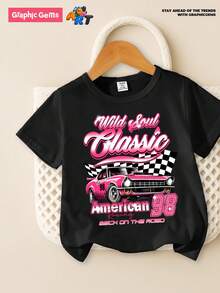 SHEIN Baby Girl Punk Racing Car Print Round Neck Fashionable Casual Pullover Top - Hot Pink - View 4