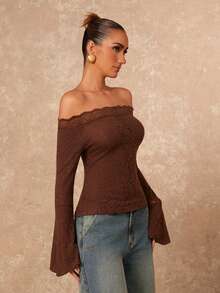 Lumalex Fall Winter One-Piece Collar Fitted Flare Sleeve 3D Rose Flower Women Top Eleganza Glamour Elegant New Style Women Luxury Prom Gathering Party Banquet Modest Old Money Coquette Glitter Holiday Party Rave Festival Outing Vacation Hot Outdoor Richly Layered Wedding Season Banquet ID Al-Adha Al-Adha Party New Year Brown Lace Top Off The Shoulder Long Sleeve Chocolate Brown Top Coffee Brown Top Brown Tops For Women - Coffee Brown - View 8