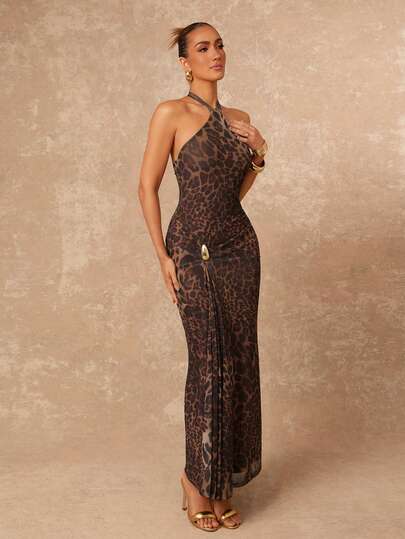 Lumalex Leopard Print Halter Tie Bodycon Ruched Metal Decor Dress For Women Luxury NewYearNewLook QuietLuxe Prom Gathering Party Banquet Modest Old Money Coquette Glitter Holiday Party Rave Festival Outing Vacation Hot Outdoor Richly Layered Wedding Season Banquet ID Al-Adha Al-Adha Party New Year Looks Of Party Party Dress For Early Spring Formal New Year's Eve Elegant Dresses For Party Leopard Print Dress