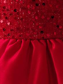 Glamorique Kids Girls' Red Sequin Tulle Puffy Dress, Satin Back Bow Trailing Party Dress, Elegant Children Christmas/Halloween Dress.Princess Dress. Formal Occasion Wear Spring/Autumn /Winter Princess Halloween/Christmas Party  Dresses - Red - View 4