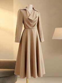 SHEIN Franclia Fashionable And Elegant Khaki Autumn Women's Dress With A Fitted Waist, A-Line Neck, And Long Sleeves; Party Dress; Elegant Dress; Thanksgiving Outfit; New Year's Dress; Chic And Elegant Thanksgiving Outfit; New Year's Clothing; Elegant Party Dress For Women.