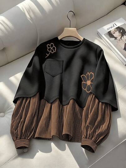 GlowEve 条纹拼接圆领印花袋鼠口袋休闲卫衣（女款）