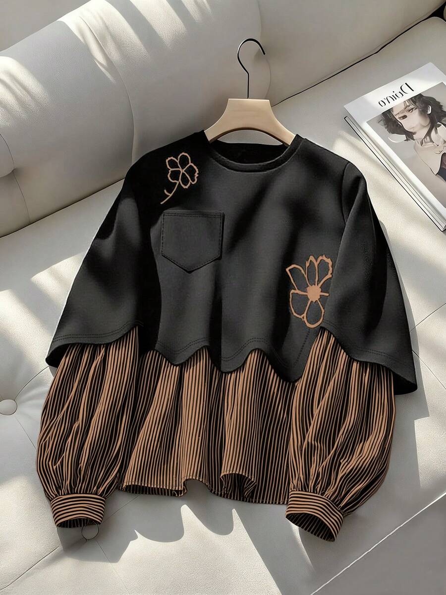 GlowEve Sweat-shirt-shirt décontracté pour femmes avec poche, col rond, imprimé floral et patchwork à rayures