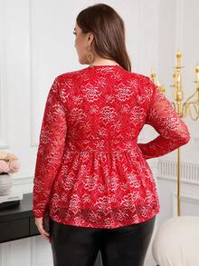 Reflora Vintage elegante Damen Bluse in Große Größen mit langen Ärmeln, rote Weihnachts-, Herbst- und Winterbluse für Neujahr und Thanksgiving - Rot - Übersicht 3
