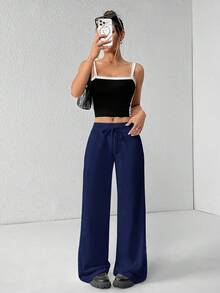 SHEIN PETITE Quần nỉ ống rộng dệt kim trơn cạp thấp thoải mái và giản dị dành cho nữ - Màu xanh bụi bặm - Xem 4