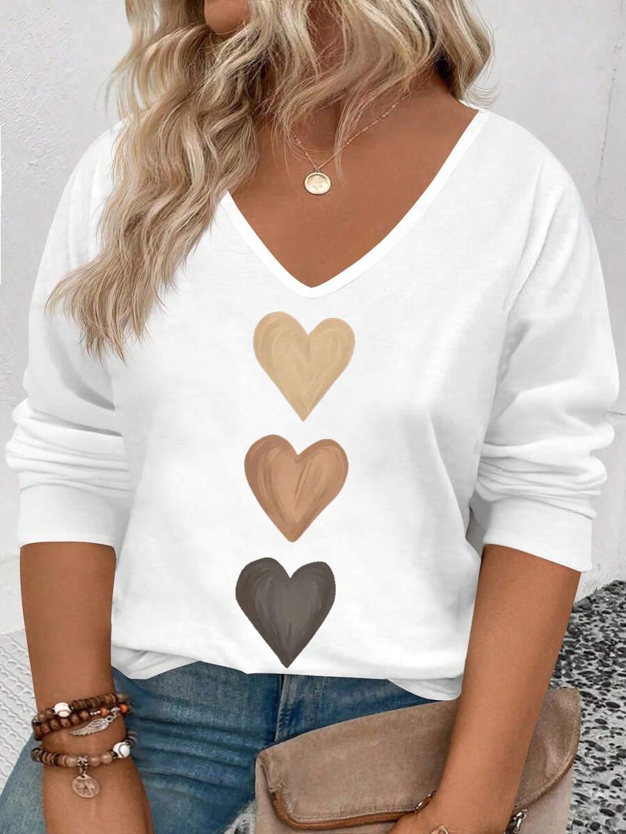 EMERY ROSE Women's V-Neck Cuff Flipped, Best-Selling Ombre Heart Print Casual Versatile Long Sleeve Plus Size T-Shirt