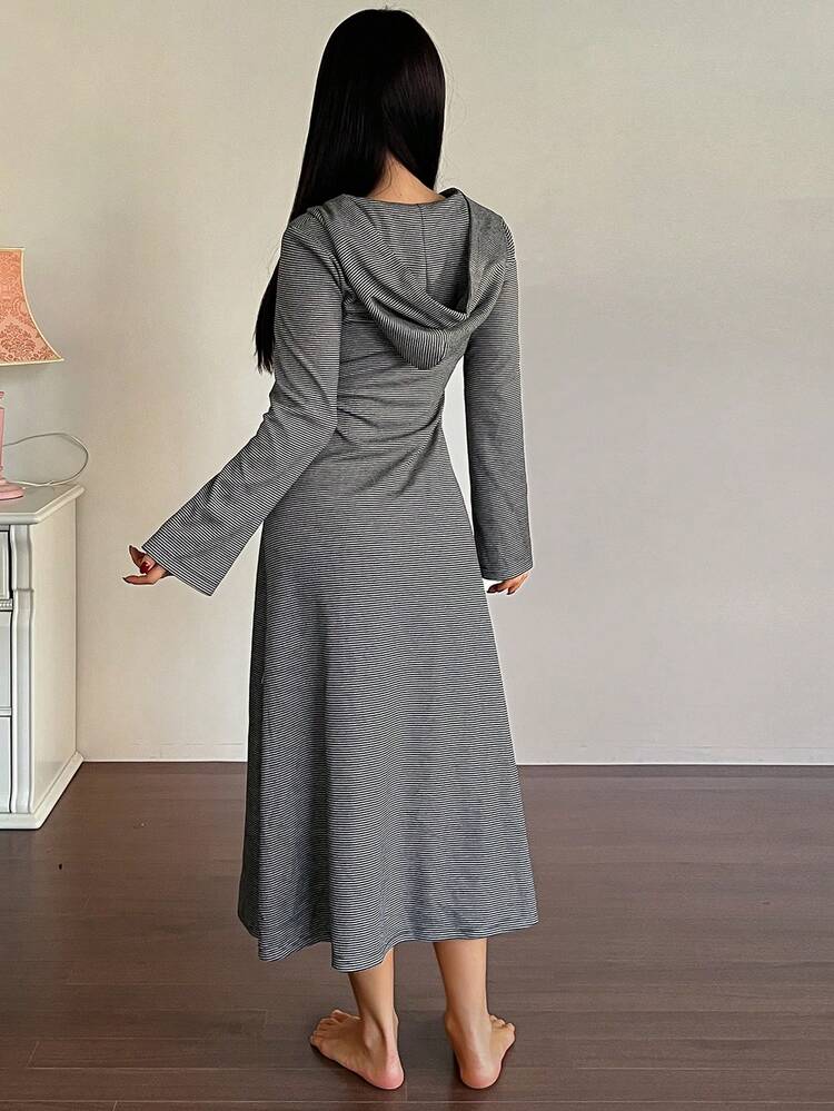Women's Slim Fit Long Striped Hooded Nightgown, Autumn/Winter, Moo Moo Night Dress