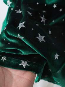 女孩休闲优雅百搭 V 领连衣裙，带有散落的银色工艺、星星图案，背面有银色蝴蝶结，适合派对、郊游、散步、通勤，可搭配夹克、外套 - 綠色 - 查看 6